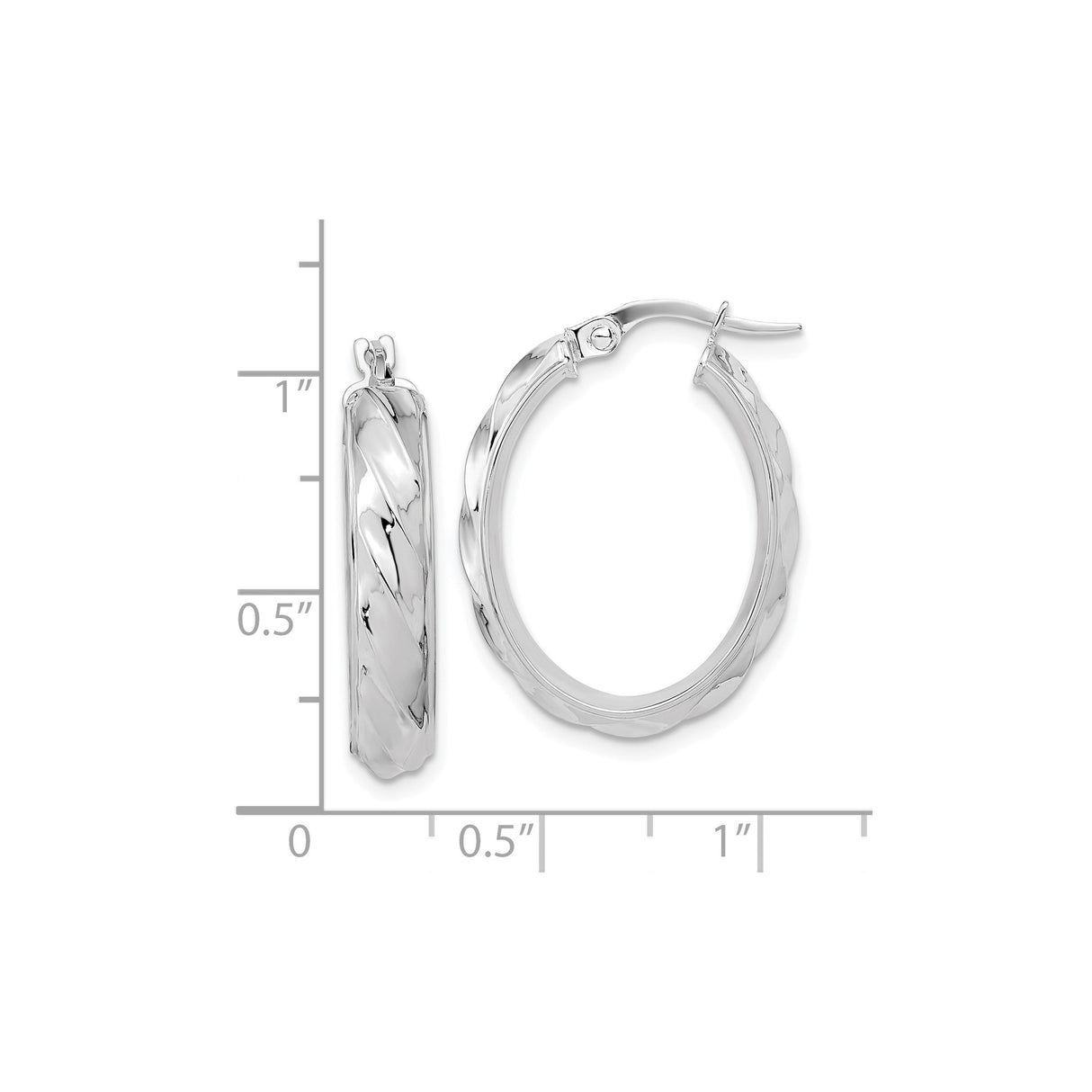 14k White Gold Hoop Earrings with Twisted Diamond-Cut Oval Design and Latch-Back Closure