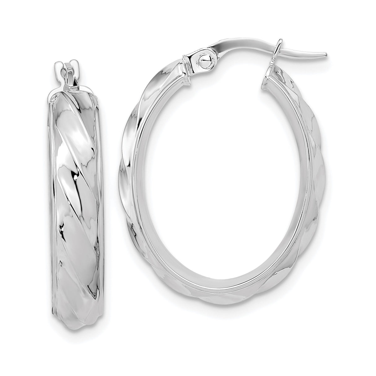 14k White Gold Hoop Earrings with Twisted Diamond-Cut Oval Design and Latch-Back Closure