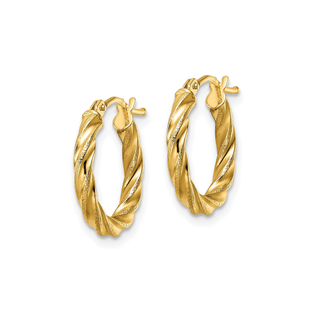 14k Yellow Gold Twisted Hoop Earrings, Textured and Polished Finish, Lightweight Round Design