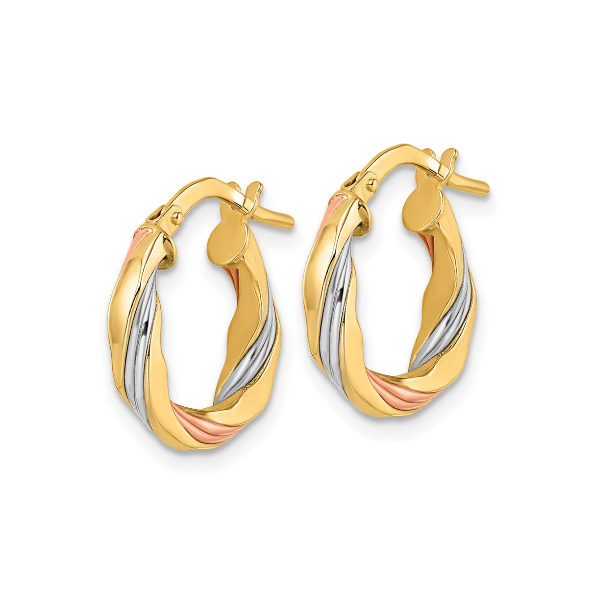14k Tri Color Gold Twisted Hoop Earrings with Polished and Textured Swirl Design for Women
