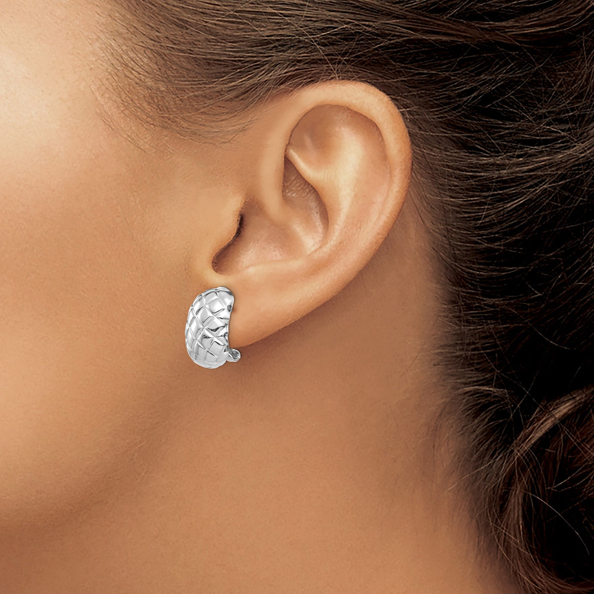 14k White Gold Half Hoop Earrings with Quilted Design and Omega Back Closure