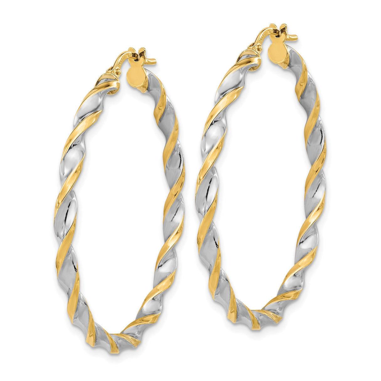 14k Yellow Gold Two-Tone Twisted Hoop Earrings with Rope Design and Latch-Back Closure
