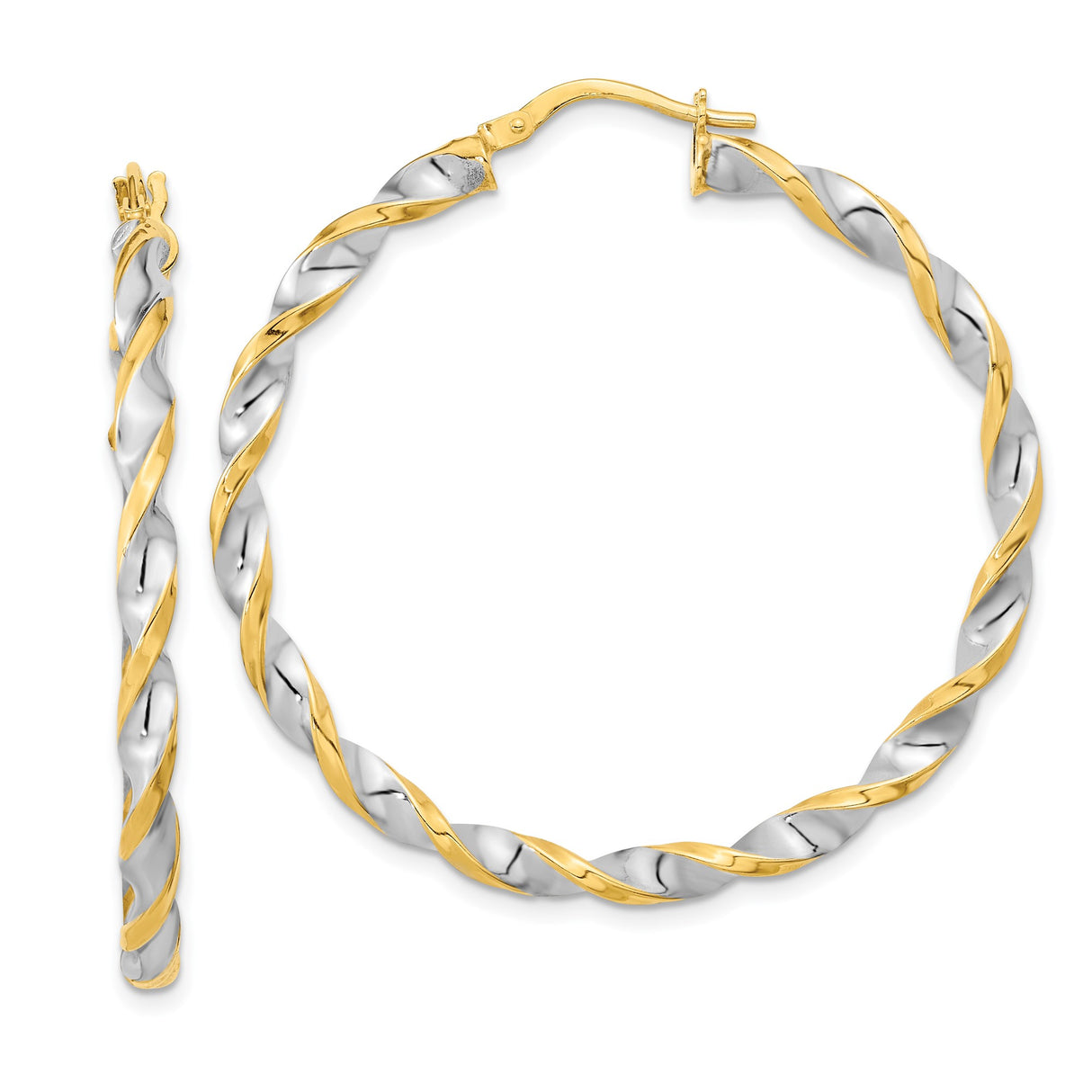 14k Yellow Gold Two-Tone Twisted Hoop Earrings with Rope Design and Latch-Back Closure