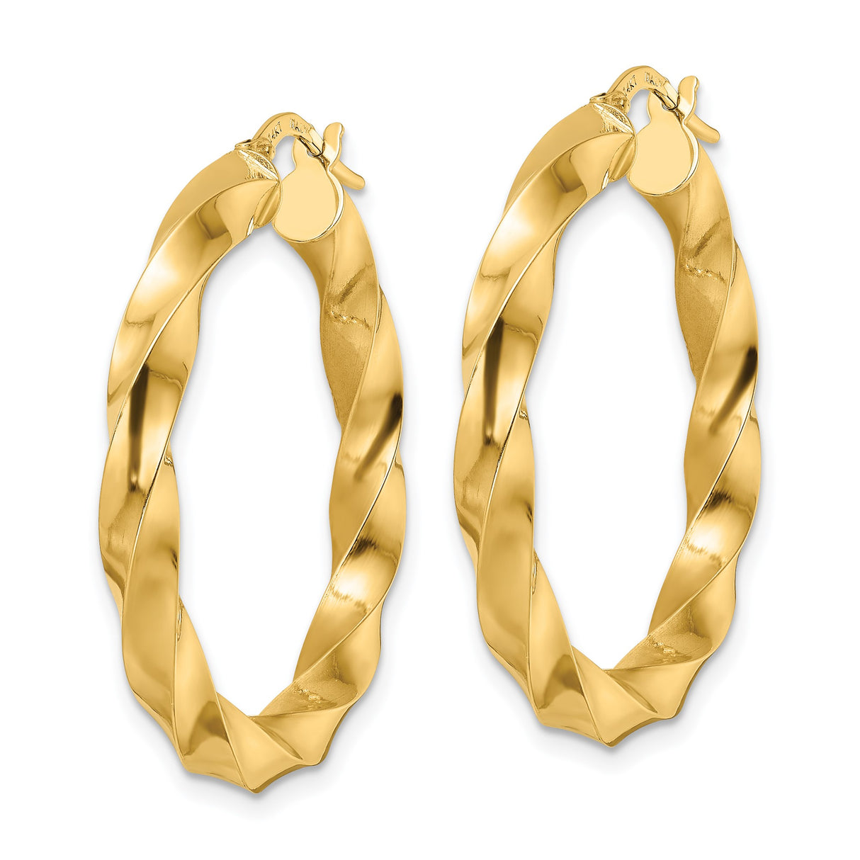 14k Yellow Gold Hoop Earrings, Twisted Spiral Design, Lightweight Polished Style for Women