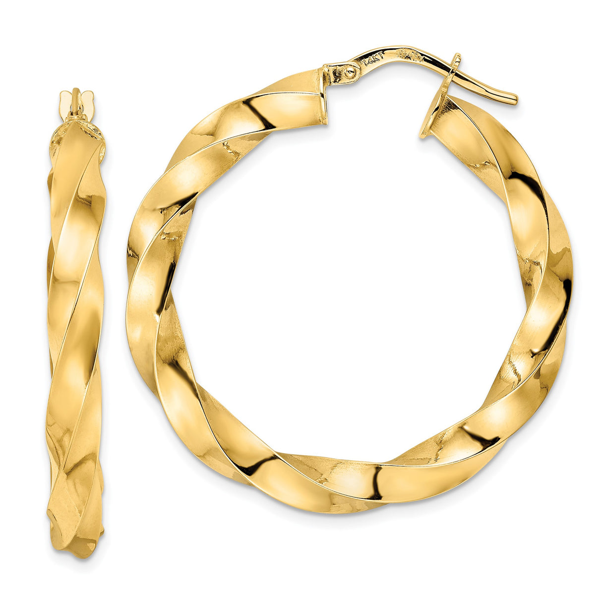 14k Yellow Gold Hoop Earrings, Twisted Spiral Design, Lightweight Polished Style for Women