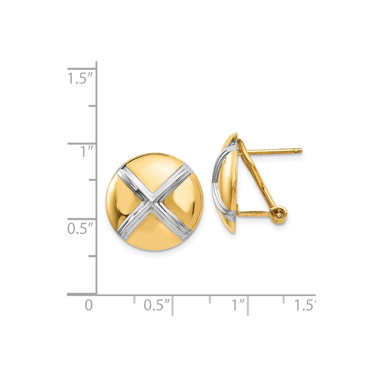 14k Yellow Gold Two-Tone Round Earrings with Bold X and Stylized Cross Design for Women