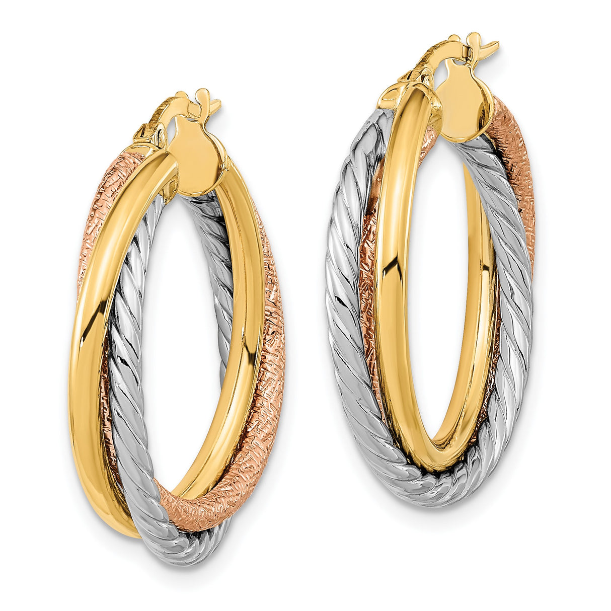 14k Yellow Gold Hoop Earrings with Twisted Textured Tri-Tone Design for Women