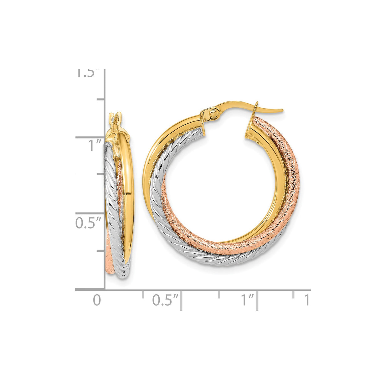14k Yellow Gold Hoop Earrings with Twisted Textured Tri-Tone Design for Women