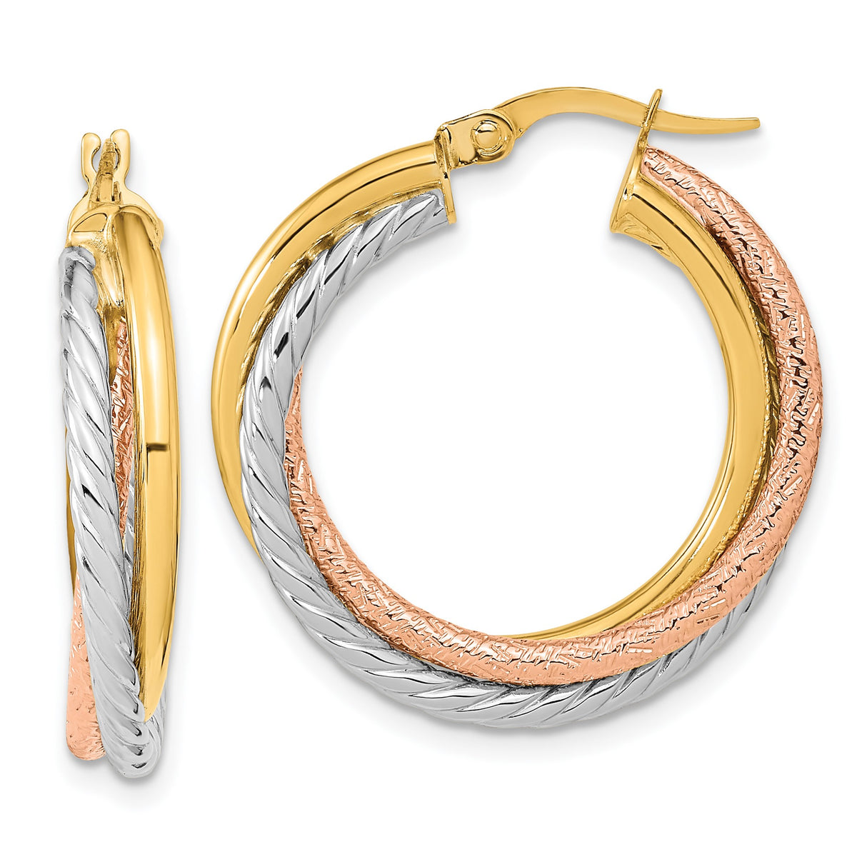 14k Yellow Gold Hoop Earrings with Twisted Textured Tri-Tone Design for Women
