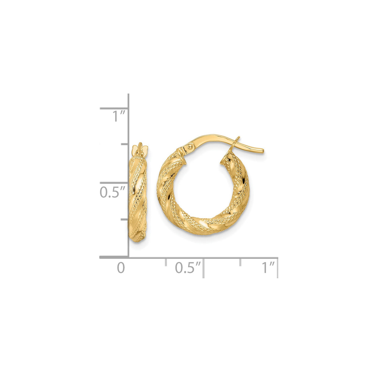 14k Yellow Gold Twisted Rope Hoop Earrings, Textured with Diamond-Cut Detail, High-Polish Finish