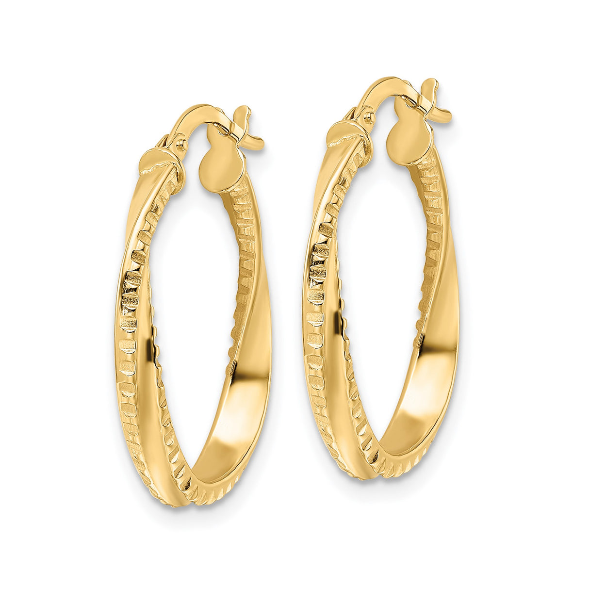 14k Yellow Gold Hoop Earrings, Textured Oval Design with Polished Ridged Finish for Women