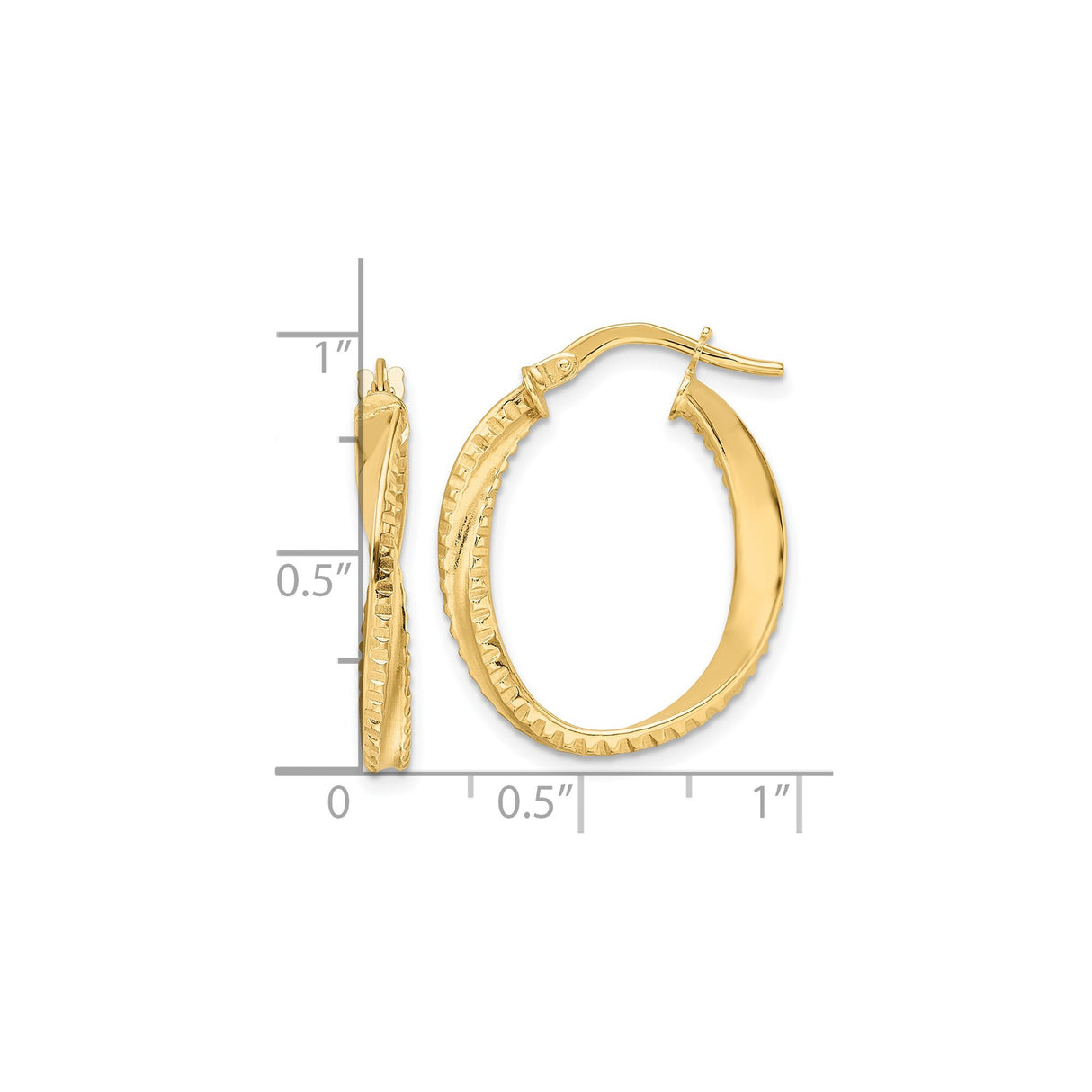 14k Yellow Gold Hoop Earrings, Textured Oval Design with Polished Ridged Finish for Women
