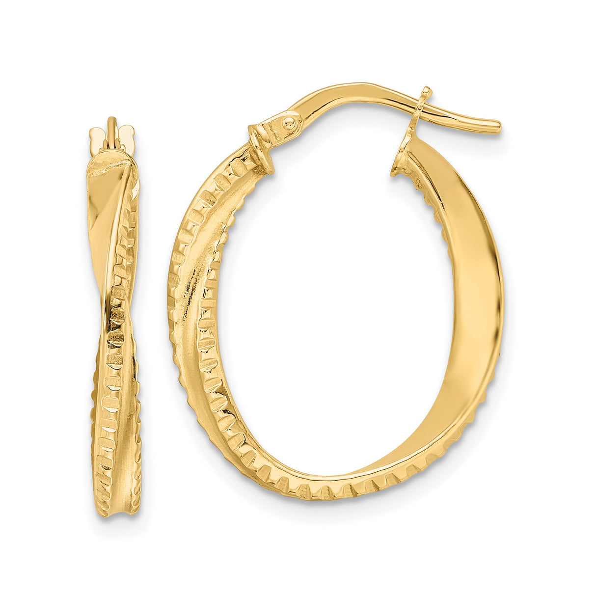 14k Yellow Gold Hoop Earrings, Textured Oval Design with Polished Ridged Finish for Women