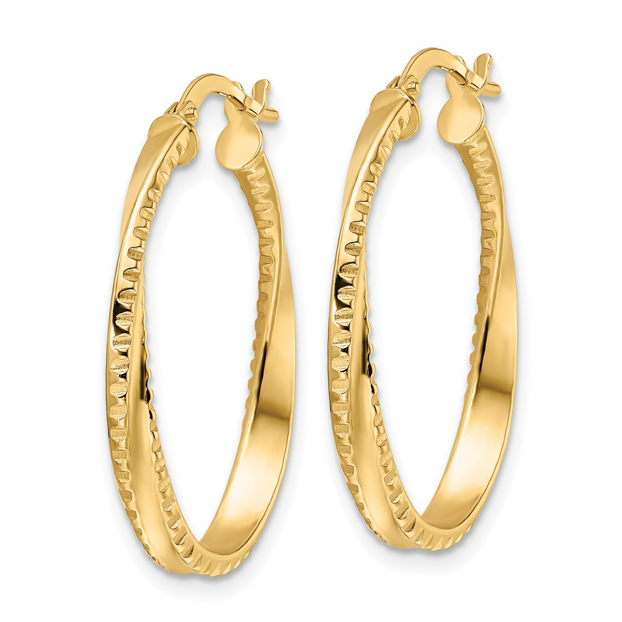 14k Yellow Gold Oval Hoop Earrings with Twisted Design and Textured Edges