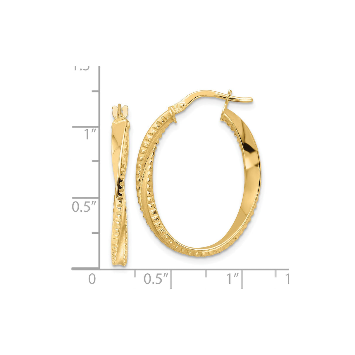 14k Yellow Gold Oval Hoop Earrings with Twisted Design and Textured Edges