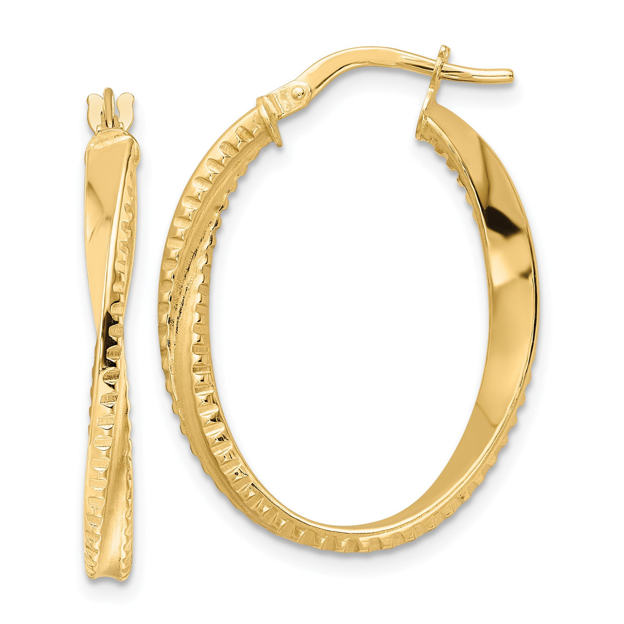 14k Yellow Gold Oval Hoop Earrings with Twisted Design and Textured Edges