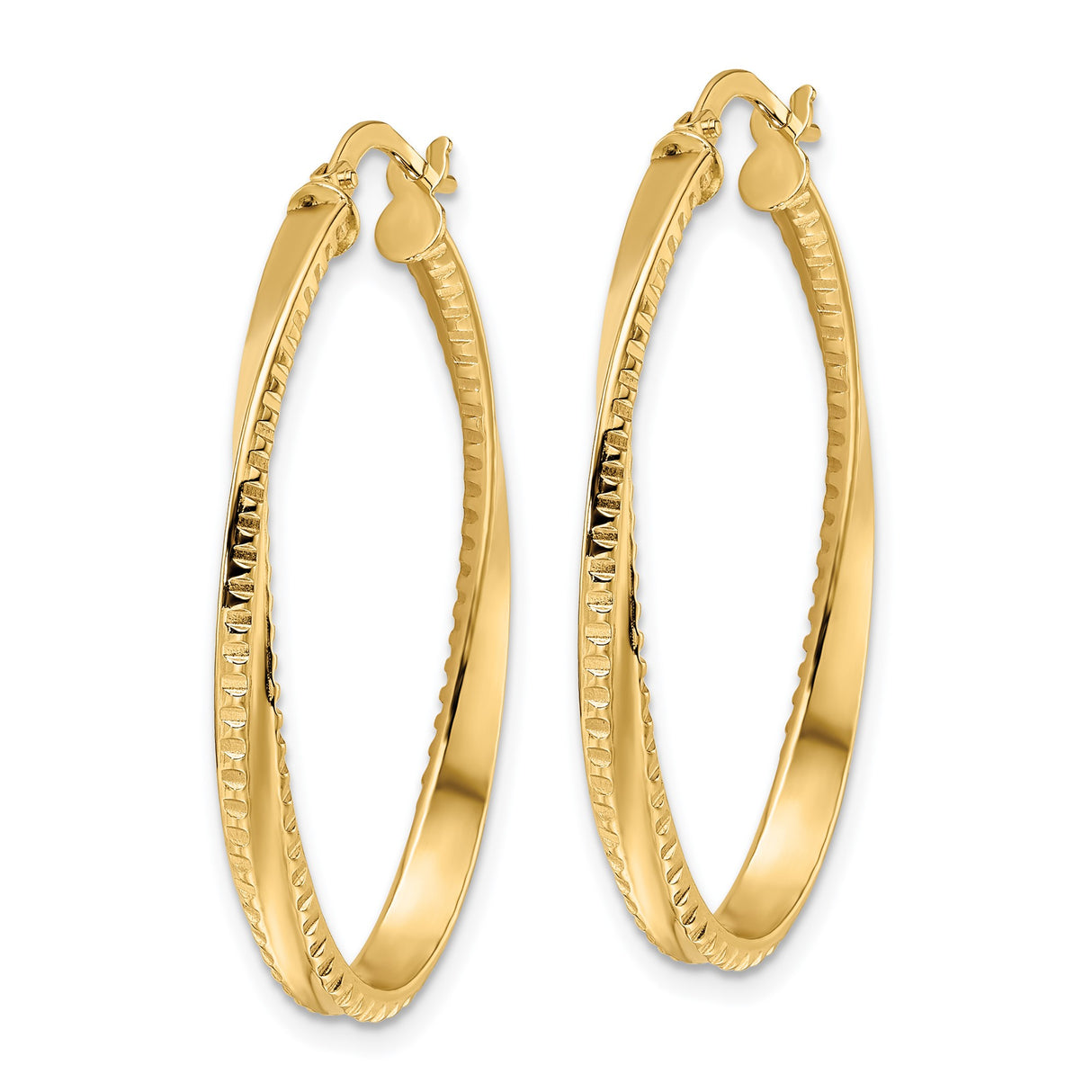 14k Yellow Gold Oval Hoop Earrings with Polished Finish and Textured Inner Edge