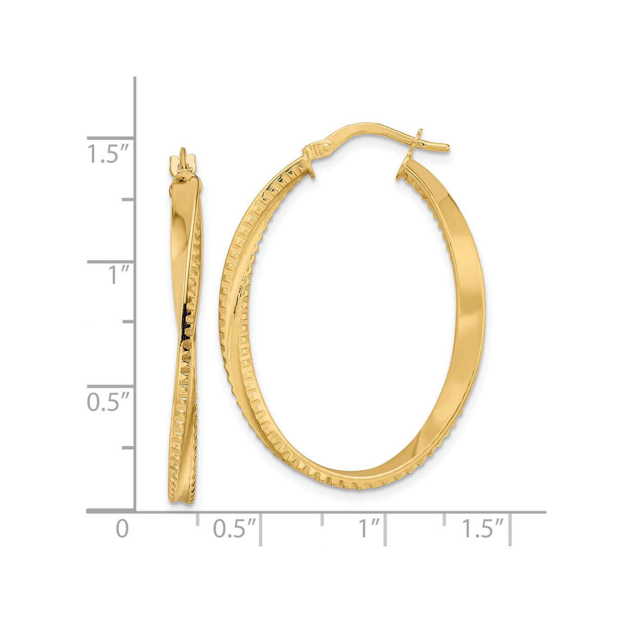 14k Yellow Gold Oval Hoop Earrings with Polished Finish and Textured Inner Edge