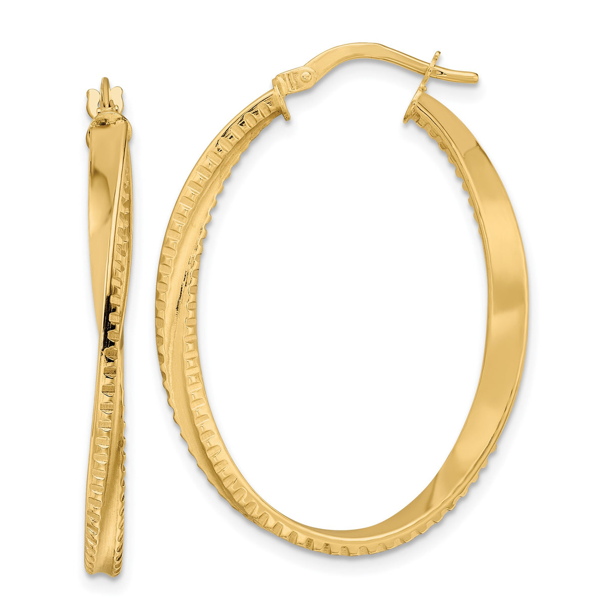 14k Yellow Gold Oval Hoop Earrings with Polished Finish and Textured Inner Edge