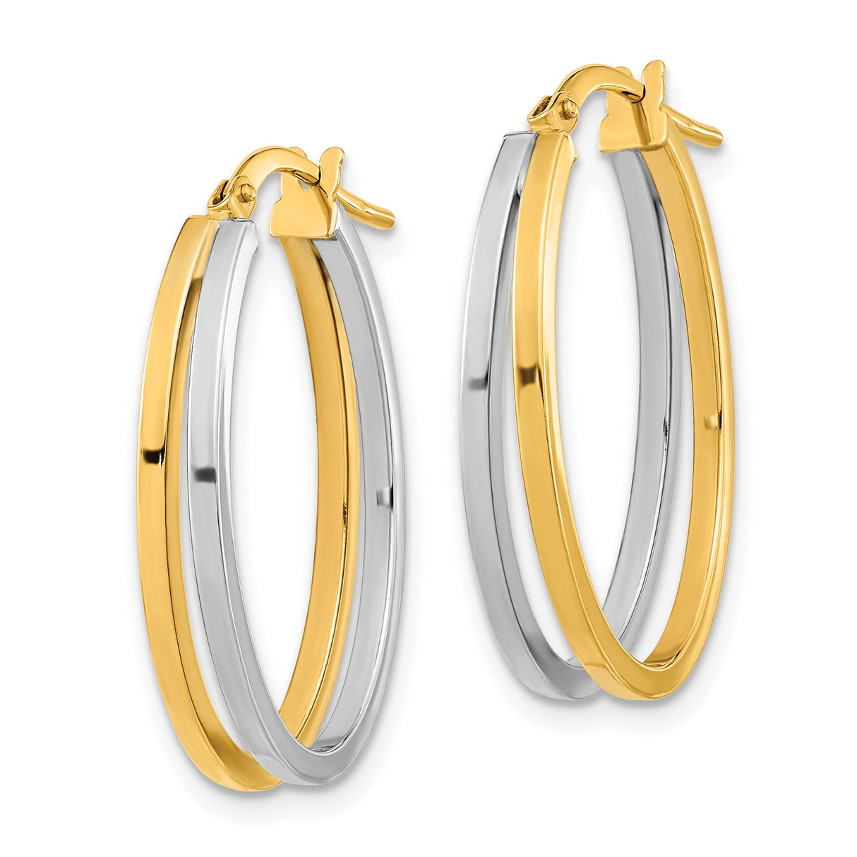 14k Two-Tone Gold Oval Hoop Earrings with Polished Yellow and White Finish, Modern Twist Design