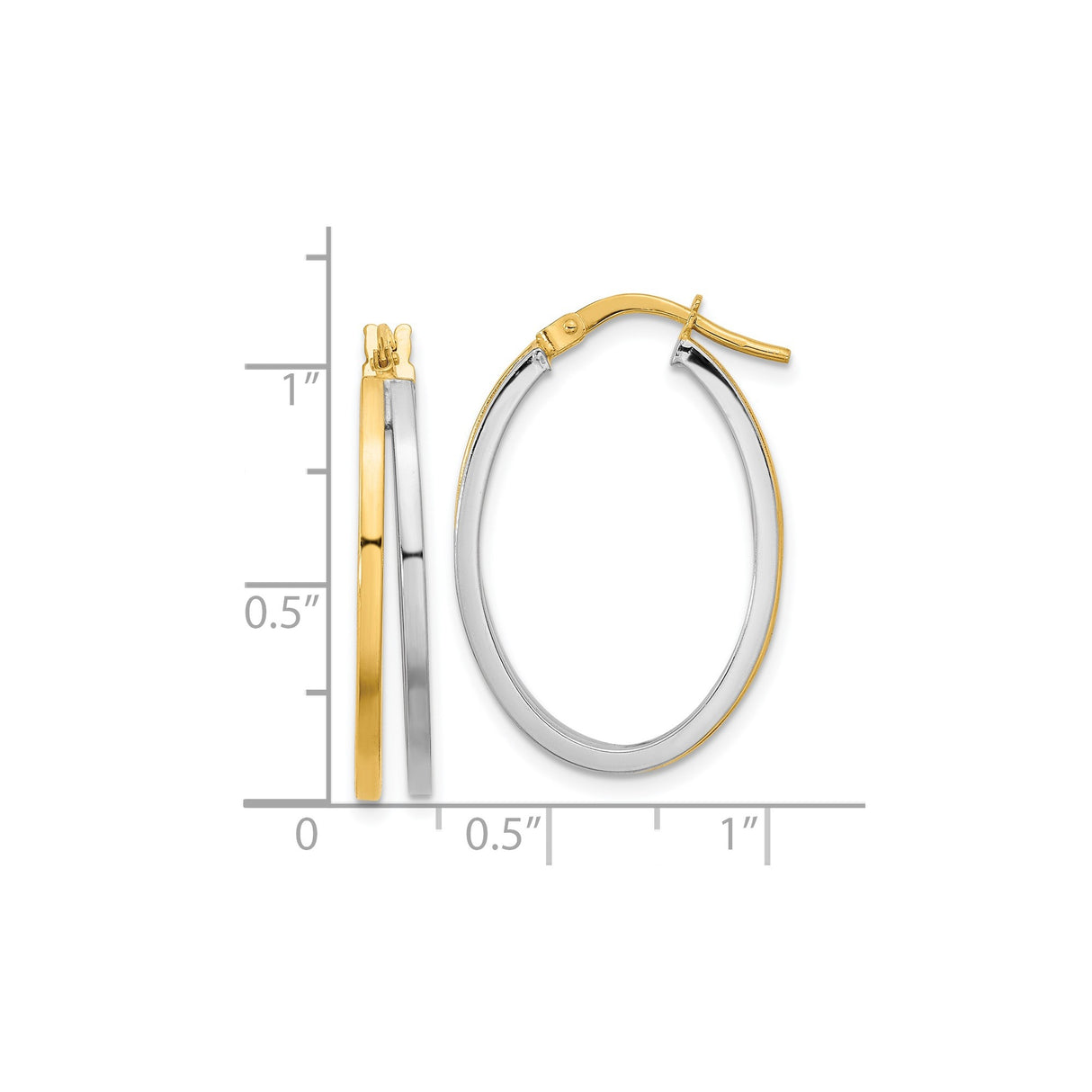 14k Two-Tone Gold Oval Hoop Earrings with Polished Yellow and White Finish, Modern Twist Design