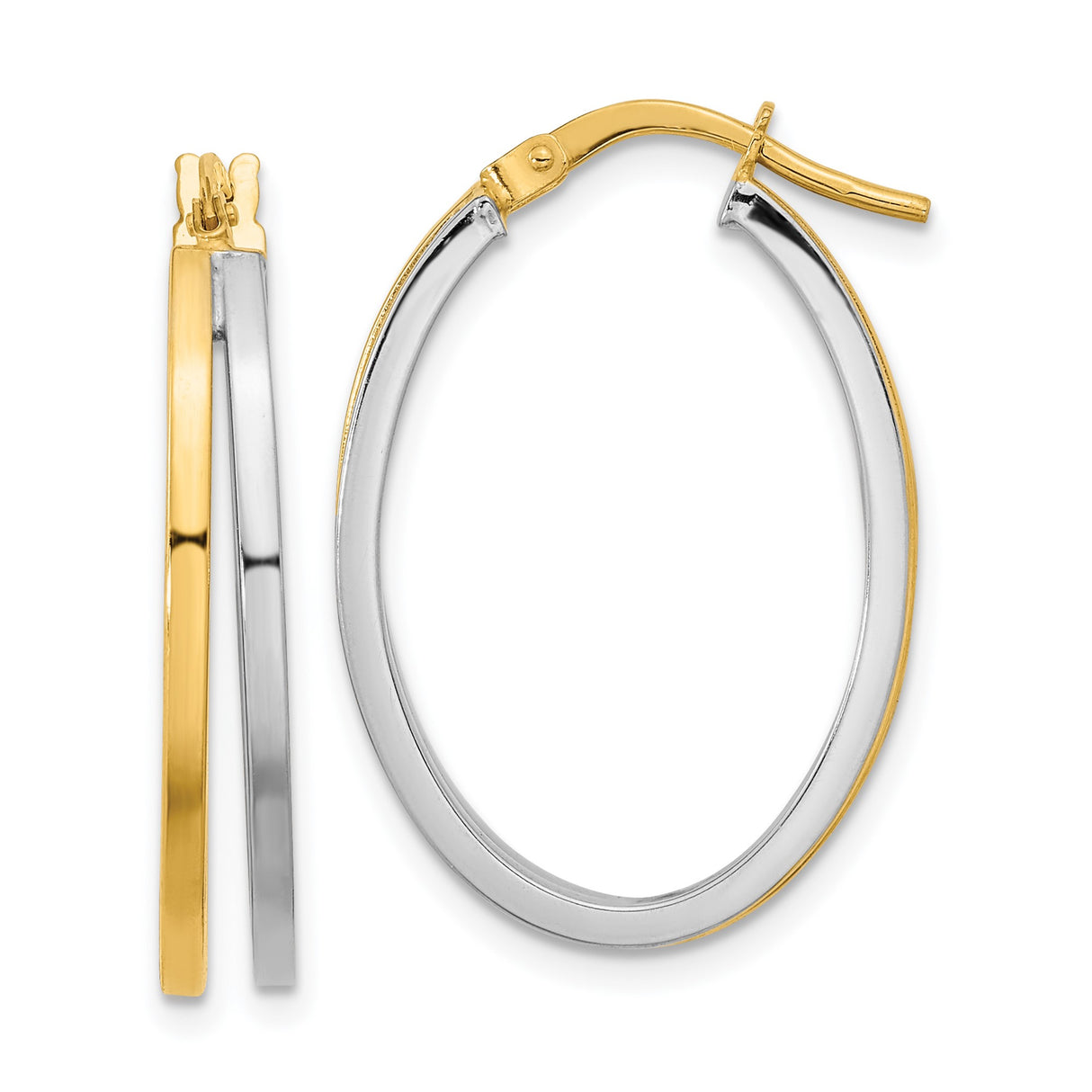 14k Two-Tone Gold Oval Hoop Earrings with Polished Yellow and White Finish, Modern Twist Design