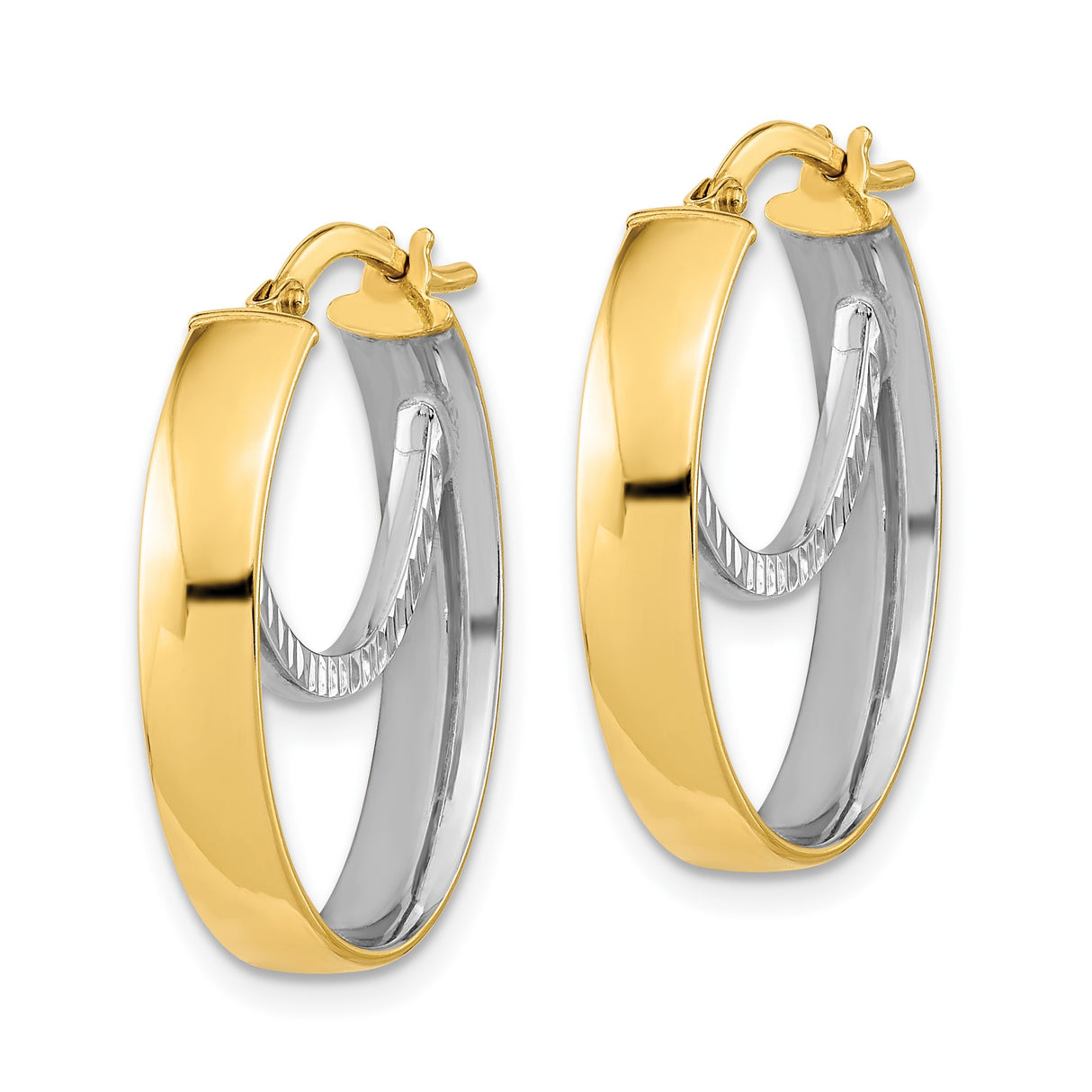 14k Yellow Gold Hoop Earrings, Two-Tone Oval Design with Polished and Textured Finish