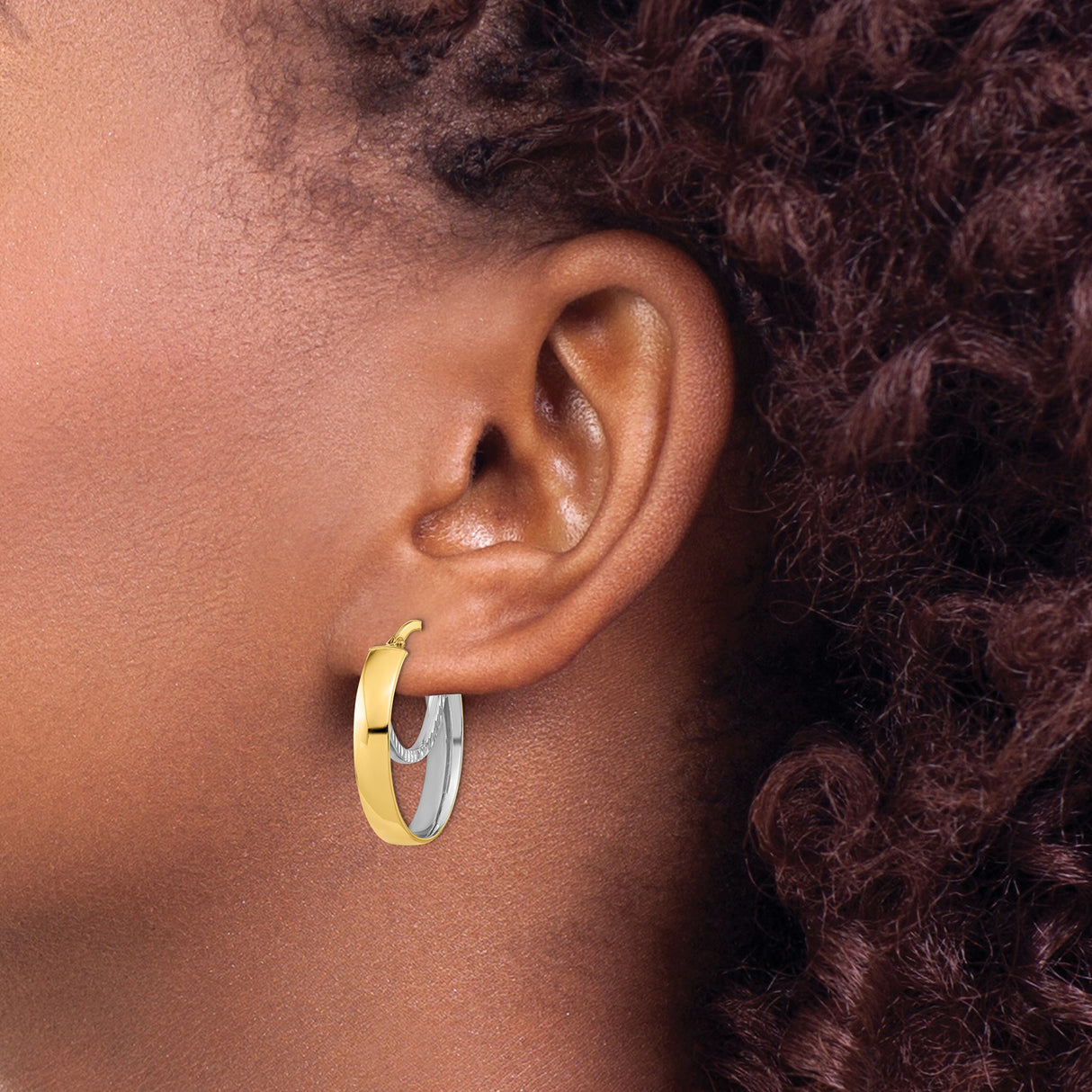 14k Yellow Gold Hoop Earrings, Two-Tone Oval Design with Polished and Textured Finish