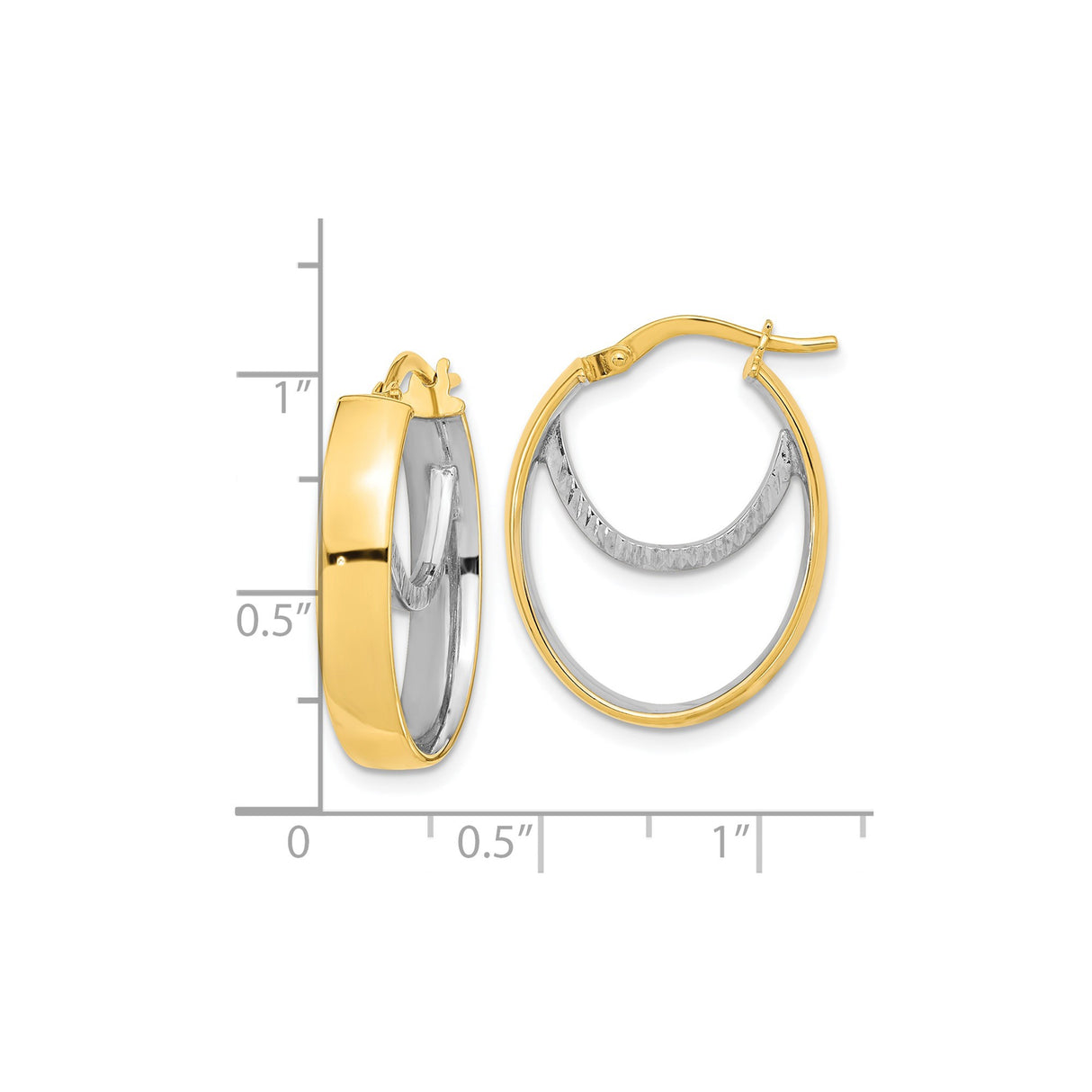14k Yellow Gold Hoop Earrings, Two-Tone Oval Design with Polished and Textured Finish