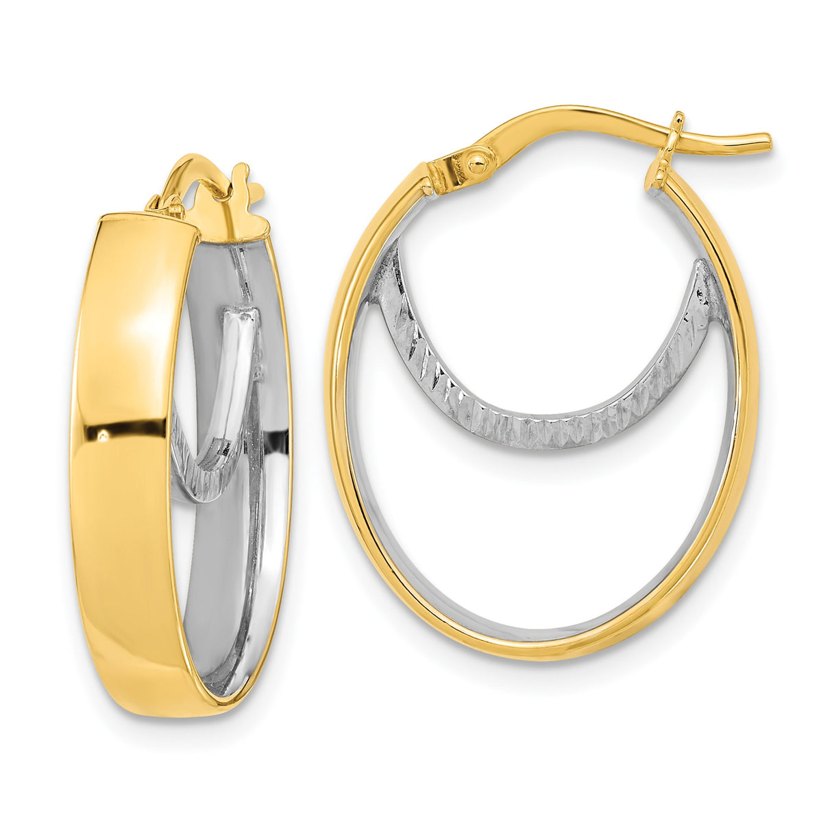 14k Yellow Gold Hoop Earrings, Two-Tone Oval Design with Polished and Textured Finish