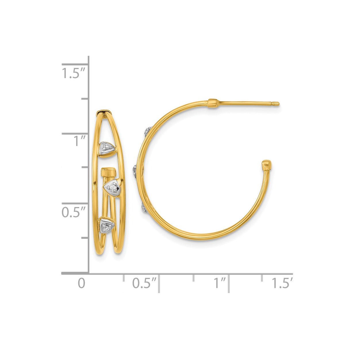 14k Yellow Gold Hoop Earrings with Cubic Zirconia, Split Double Hoop and Teardrop Design