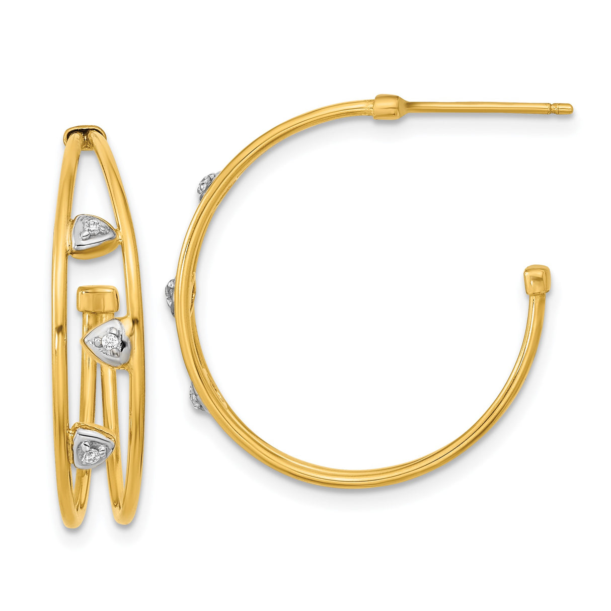 14k Yellow Gold Hoop Earrings with Cubic Zirconia, Split Double Hoop and Teardrop Design