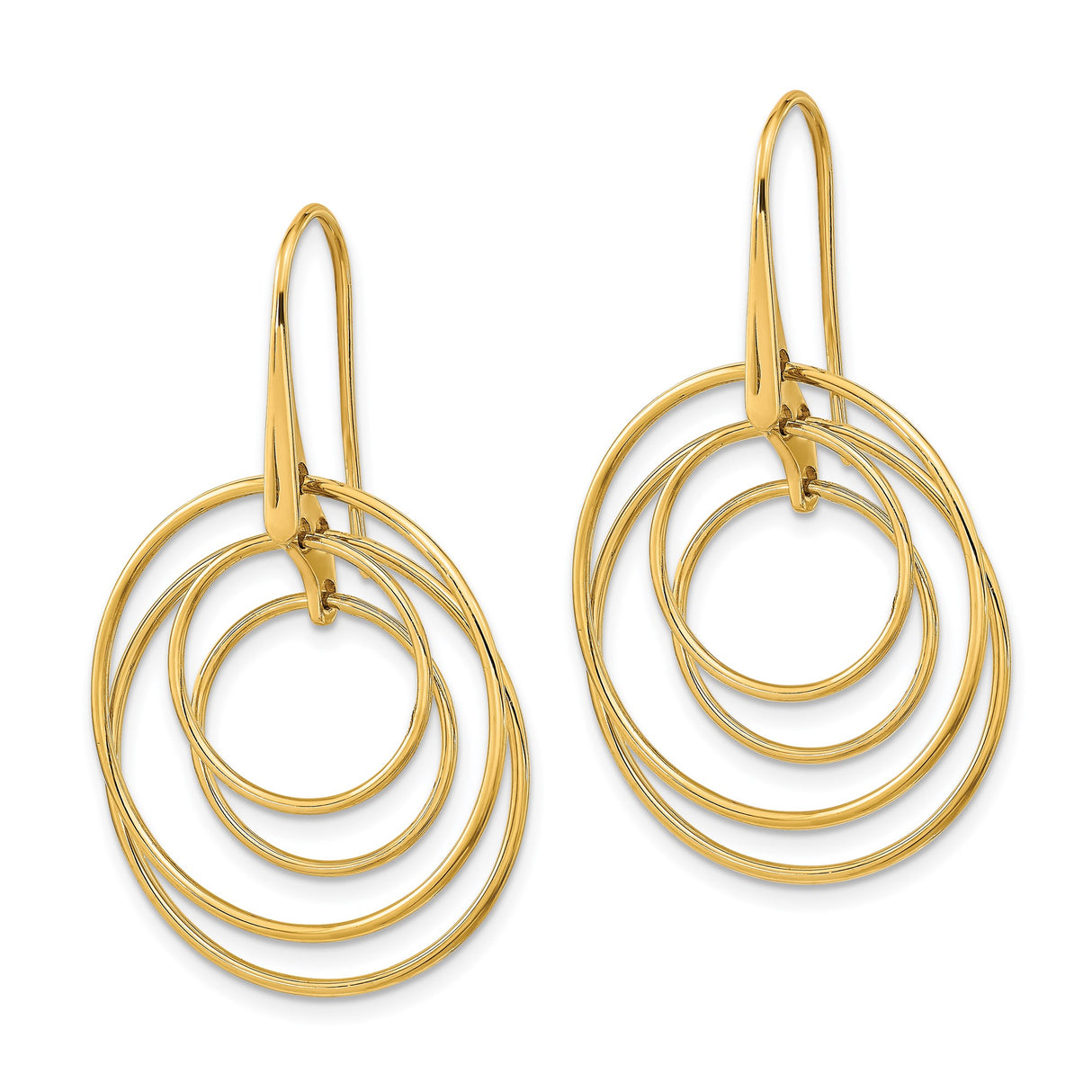 14k Yellow Gold Dangle Earrings with Open Circle Hoops, Lightweight Minimalist Drop Style
