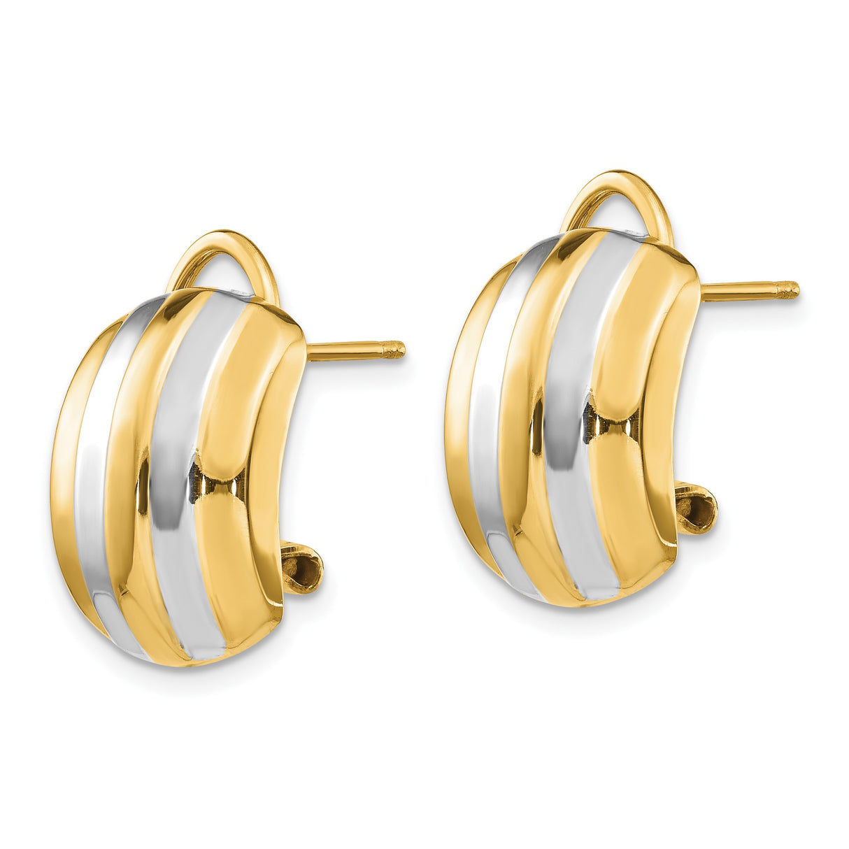 14k Yellow and Rhodium Gold Earrings, Domed Design with Polished Two-Tone Finish for Women