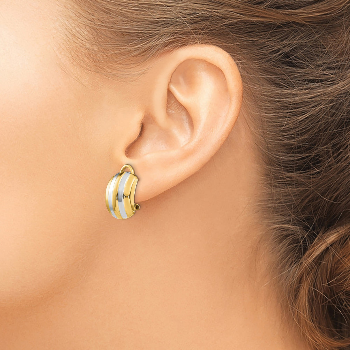 14k Yellow and Rhodium Gold Earrings, Domed Design with Polished Two-Tone Finish for Women