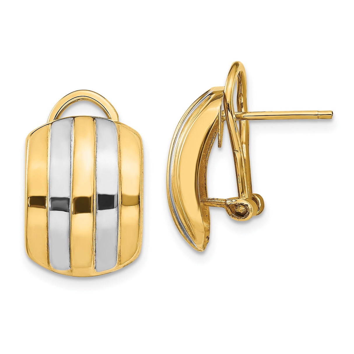 14k Yellow and Rhodium Gold Earrings, Domed Design with Polished Two-Tone Finish for Women