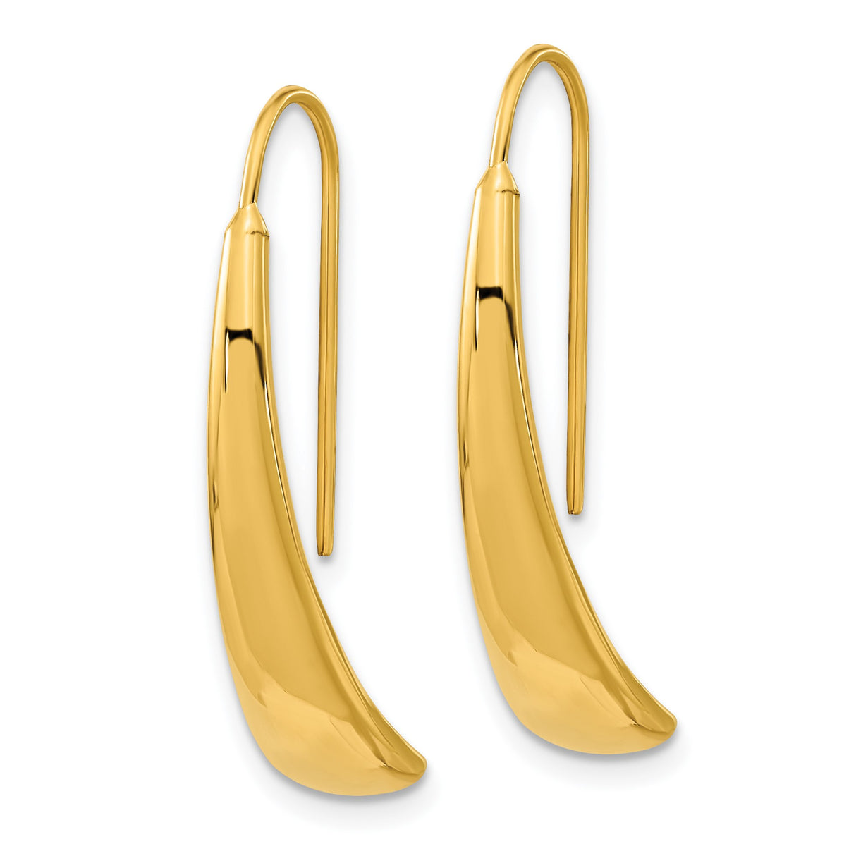 14k Yellow Gold Drop Earrings, Sleek Curved Dangle Design with Polished Finish