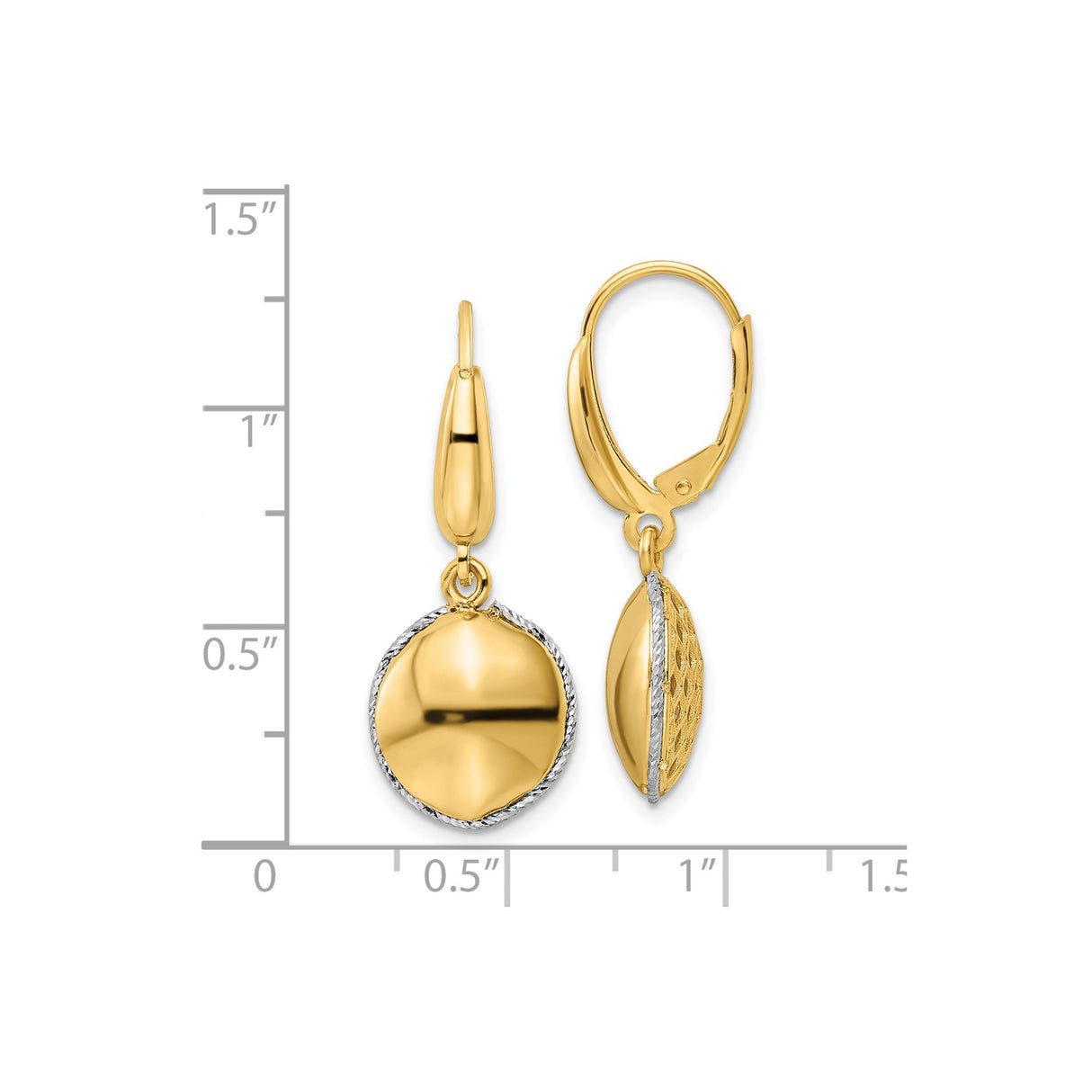 14k Two-Tone Gold Drop Earrings with Polished Dome and Diamond-Cut Edges