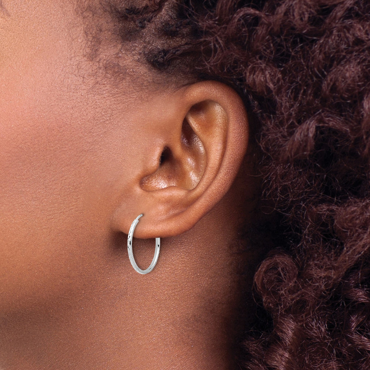 14k White Gold Hoop Earrings, Textured Diamond Cut Finish, Lightweight Polished Design