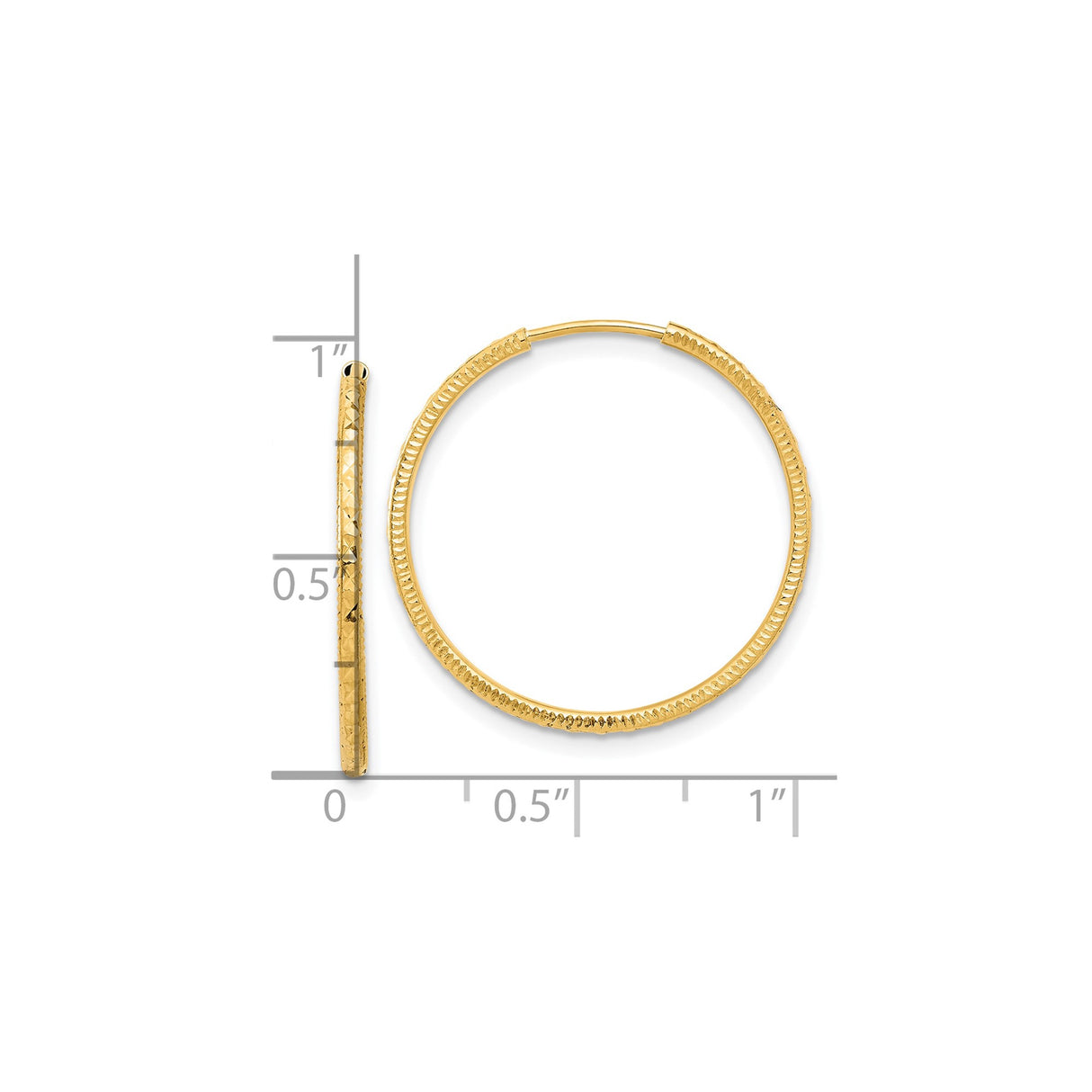14k Yellow Gold Hoop Earrings, Textured Diamond Cut Polished Finish, Lightweight Everyday Style