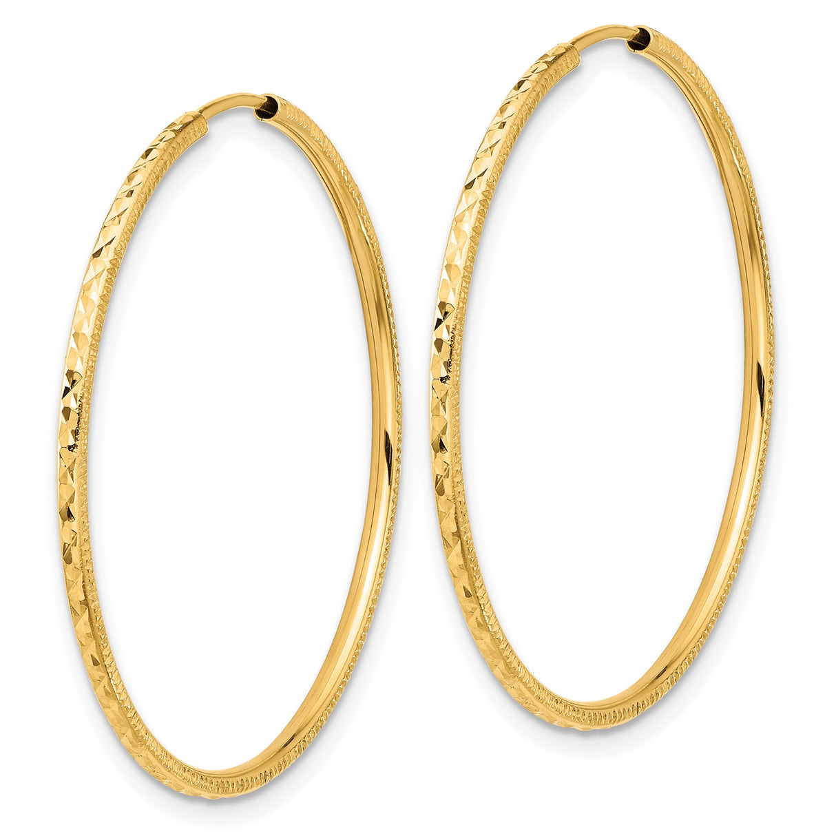 14k Yellow Gold Hoop Earrings with Textured Diamond Cut Design, Large Lightweight Style