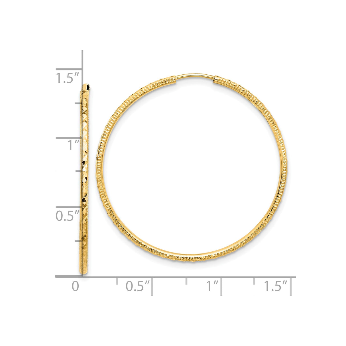 14k Yellow Gold Hoop Earrings with Textured Diamond Cut Design, Large Lightweight Style