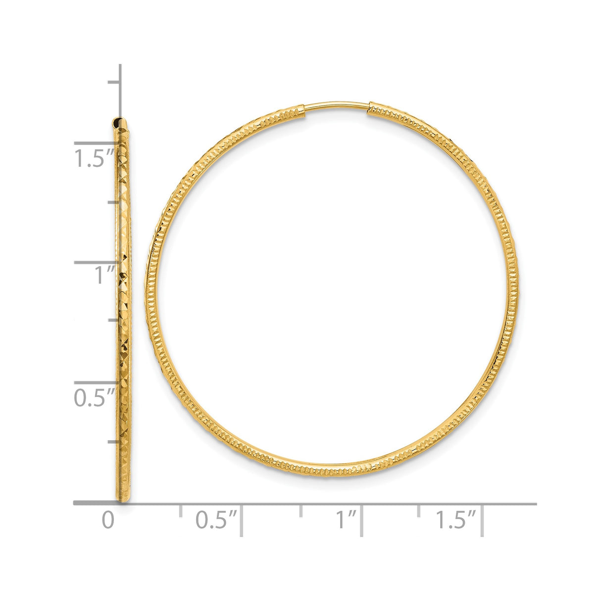 14k Yellow Gold Hoop Earrings, Large Textured Diamond Cut Polished Finish, Lightweight Design for Women