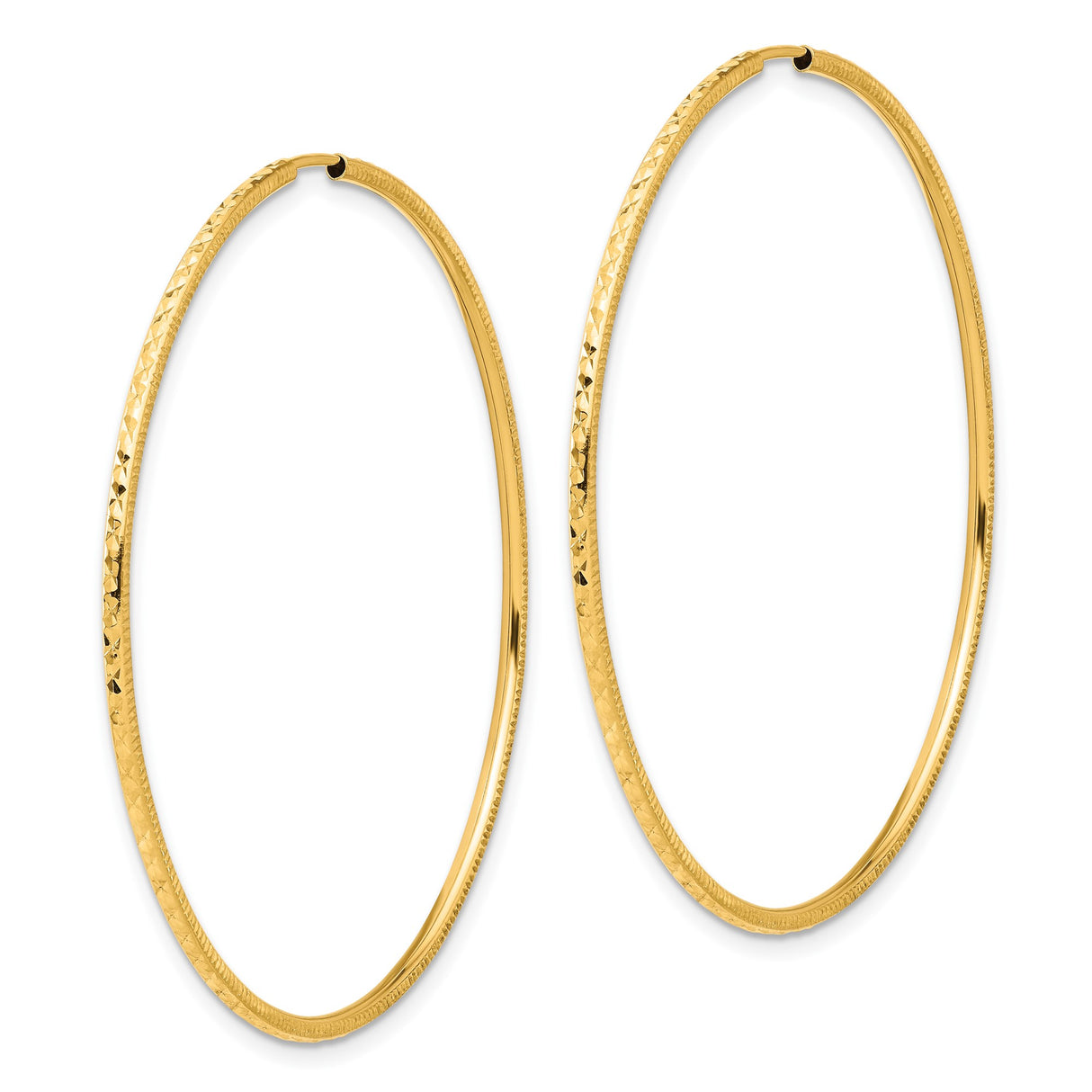 14k Yellow Gold Hoop Earrings, Large Textured Diamond Cut Endless Hoops for Women