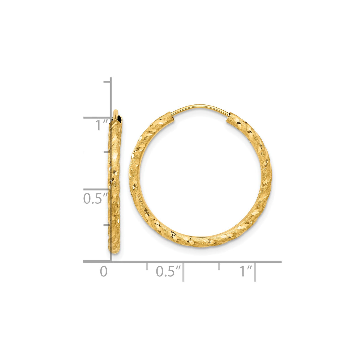 14k Yellow Gold Hoop Earrings, Twisted Diamond Cut, Textured Lightweight Medium Size for Women