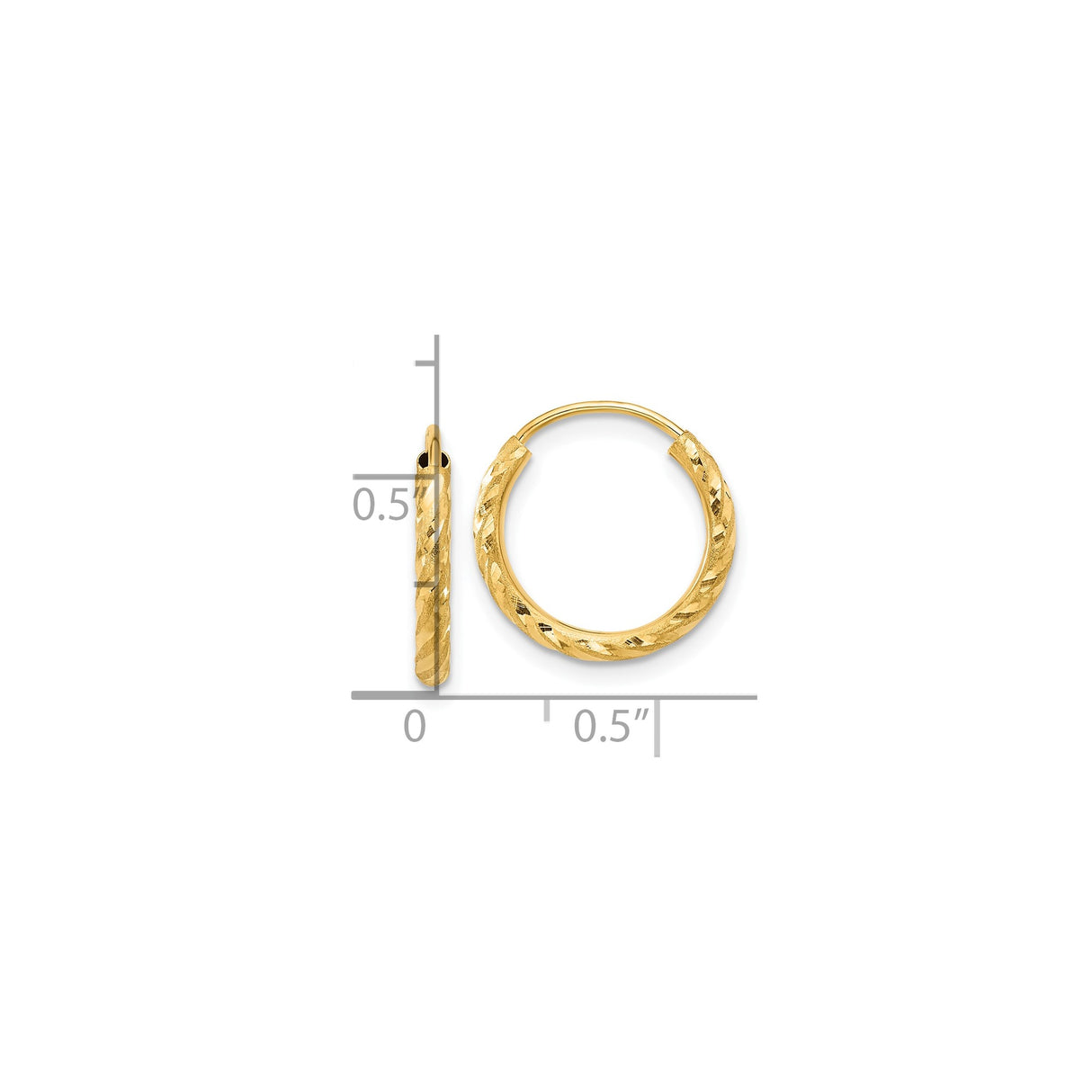 14k Yellow Gold Hoop Earrings with Twisted Diamond Cut Texture, Endless Lightweight Design