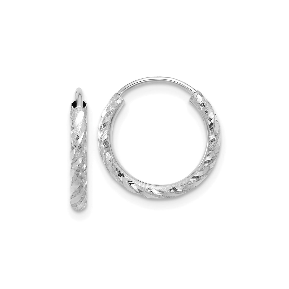 14k White Gold Hoop Earrings, Diamond Cut Swirl Design with Textured Satin Finish