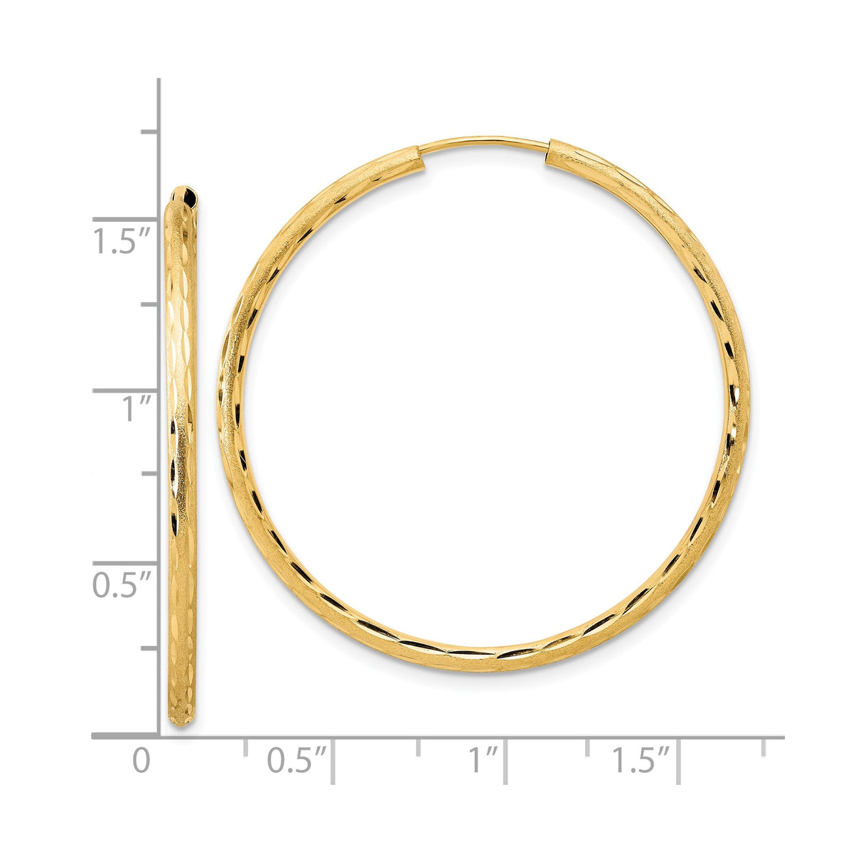 14k Yellow Gold Hoop Earrings, Textured Diamond Cut Large Hoops with Polished Finish