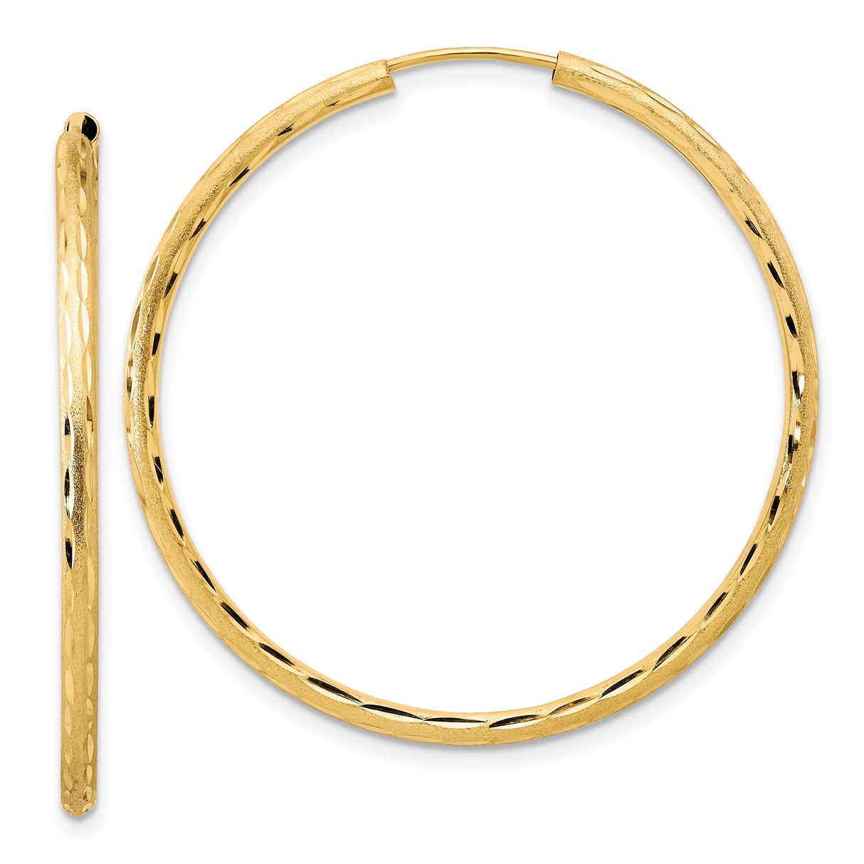 14k Yellow Gold Hoop Earrings, Textured Diamond Cut Large Hoops with Polished Finish
