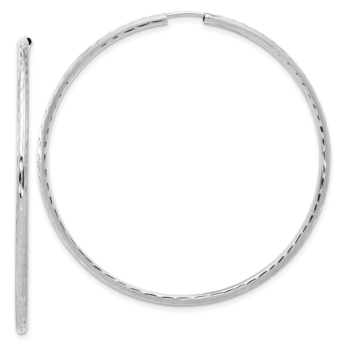 14k White Gold Hoop Earrings, Large Hammered Texture, Sleek Minimalist Design